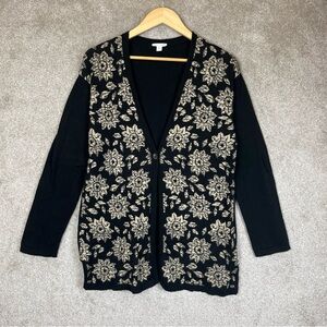 J Jill Sweater Womens Small Black Beige Floral Button Cardigan Patterned- 3604
